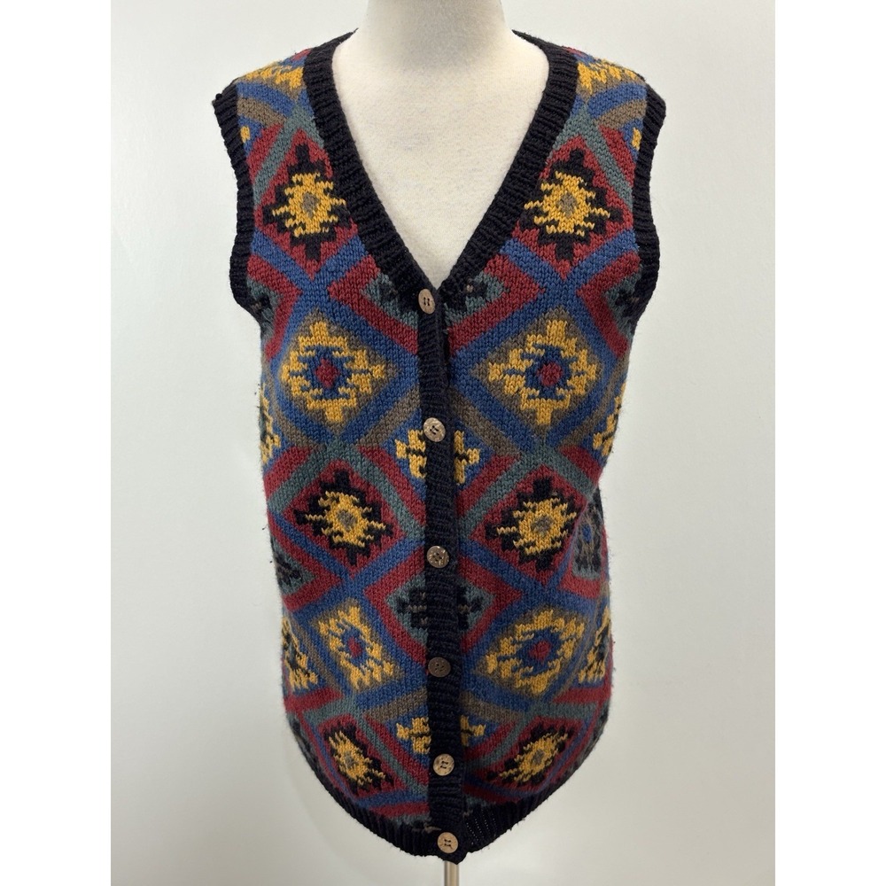 Vtg Carole Little Knitwear Cardigan Sweater Vest Women's M Black Aztec Print